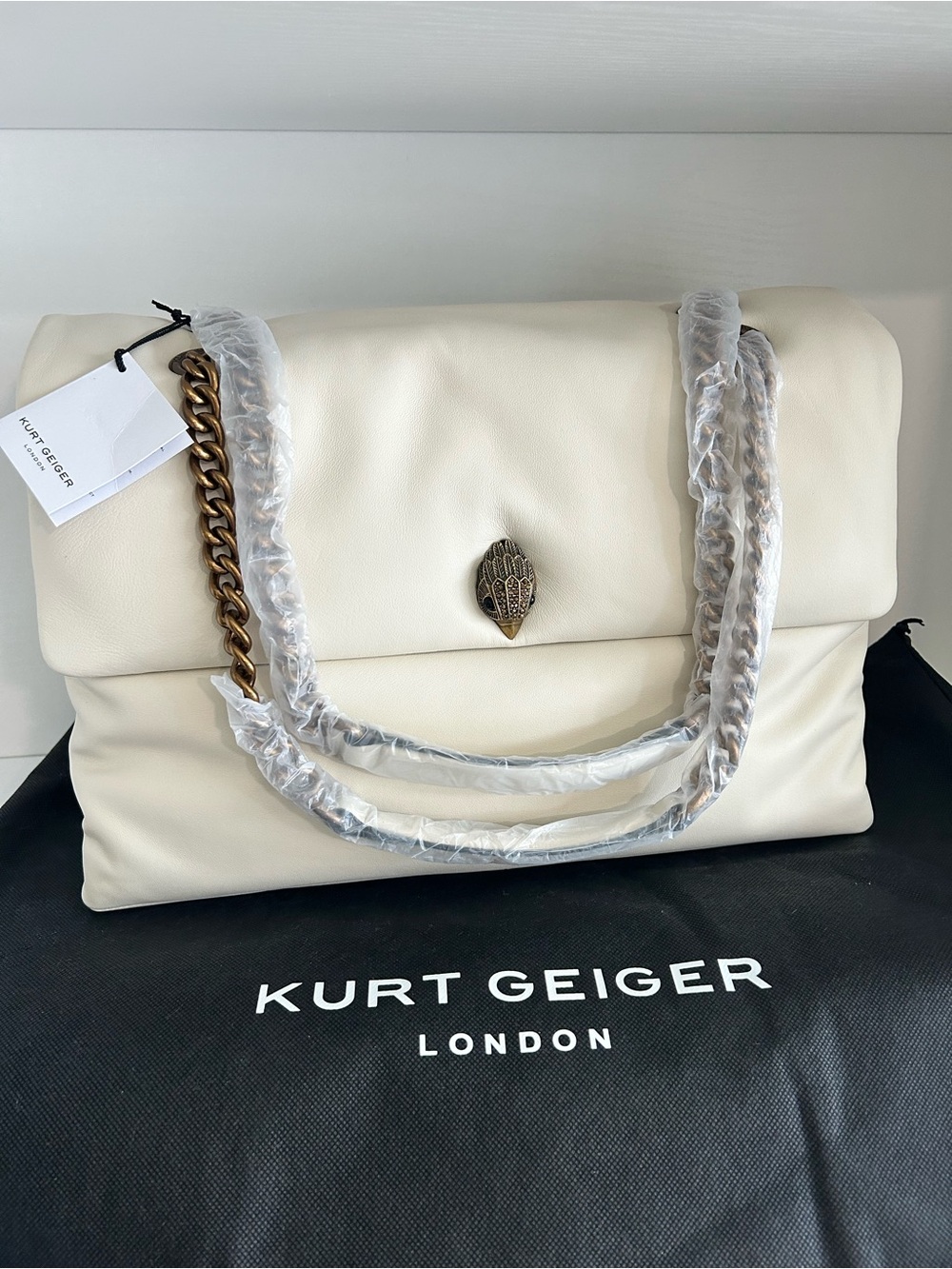 NWT $345 MSRP Kurt Geiger London XXL Kew Leather Bag bone/cream